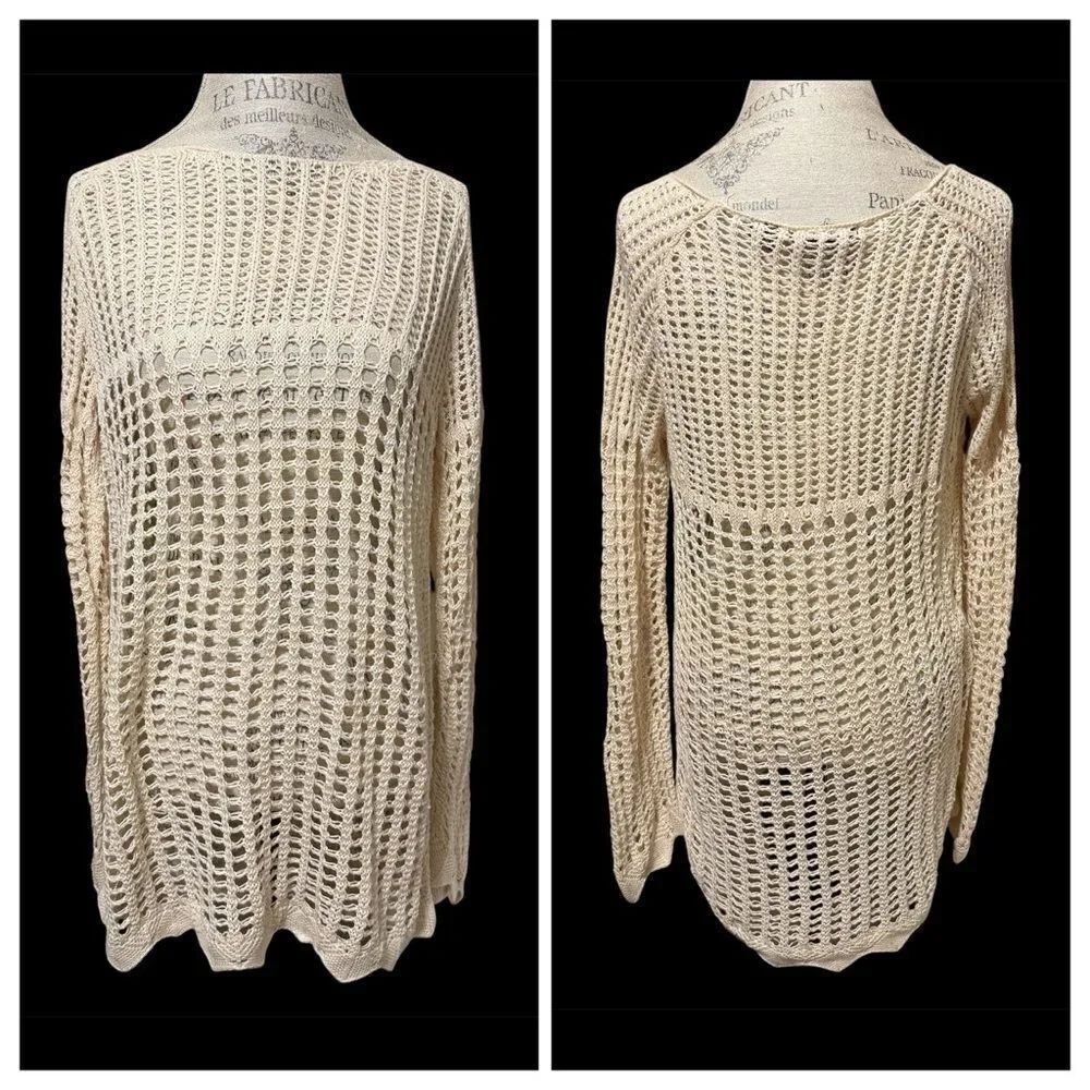 Crystal Kobe Boho Crochet Tunic Sweater Cream Minimalist Asymmetrical Hem Large